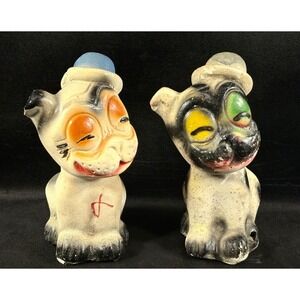 Vintage Pair Chalk Ware Bonzo Dogs Carnival / Fair Prize‎ Bulldogs w/ Derby Hats